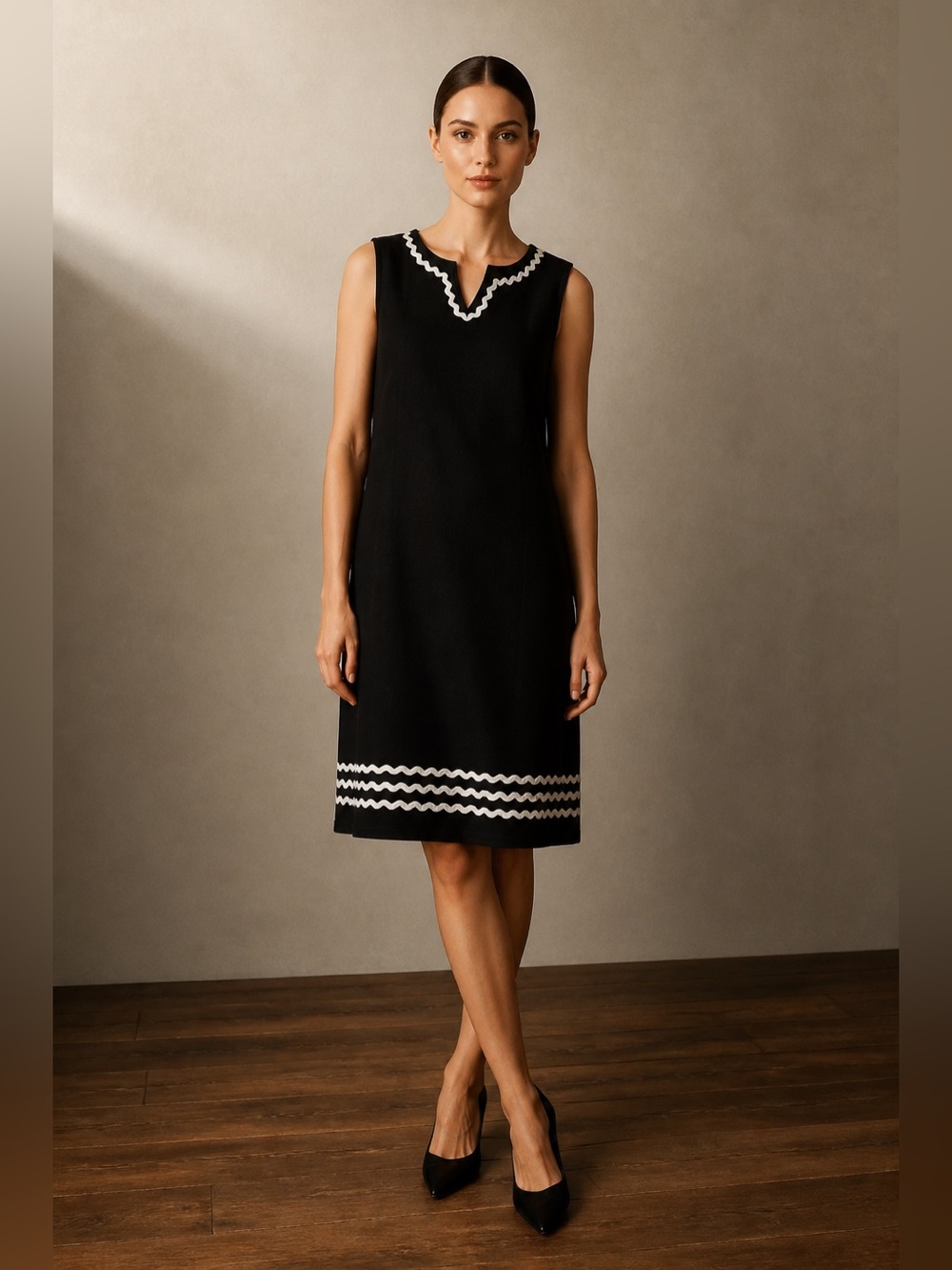 Talbots Black Midi Shift Dress with White Scalloped Trim. Sz 1x